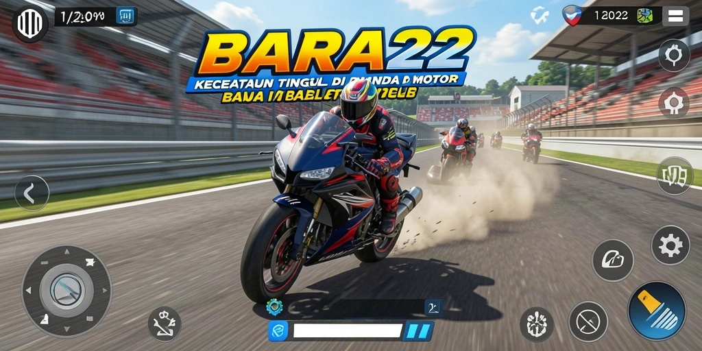 Tangkapan layar utama BARA22 menampilkan aksi balap motor yang intens.